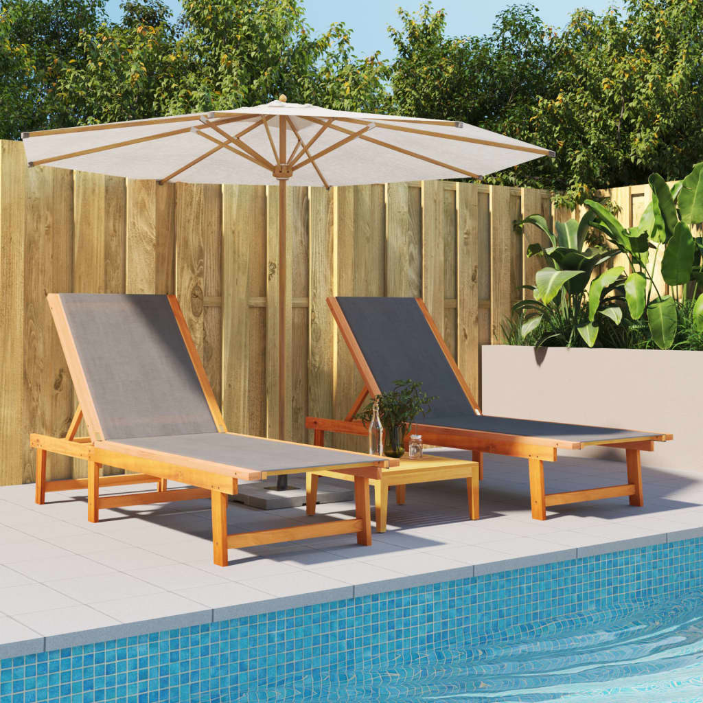 Sun Loungers 2 pcs Black Solid Wood Acacia and Textilene - Design Hut