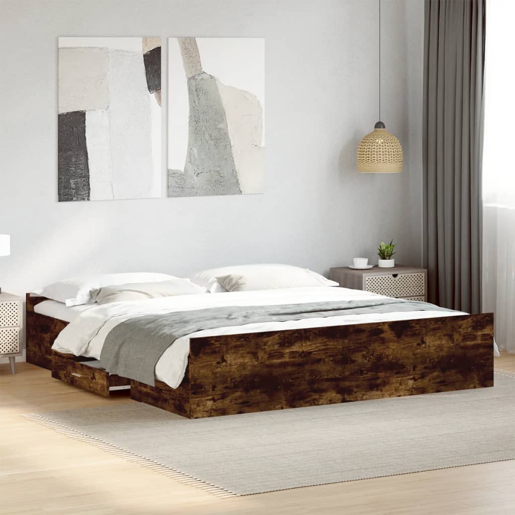 Bedframe with Drawers Smoked Oak 200x200cm - Discount Dealers