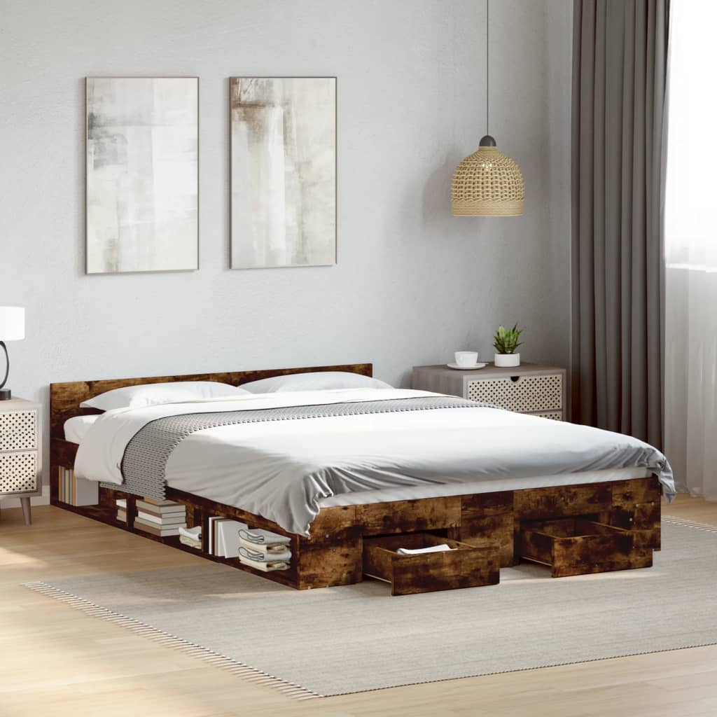 Bedframe with Drawers Smoked Oak 140x200cm - Design Hut