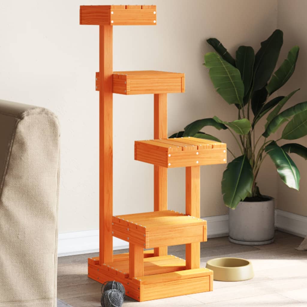 Cat Tree Wax Brown 45.5x49x103 cm Solid Wood Pine - Charlotte Dunes
