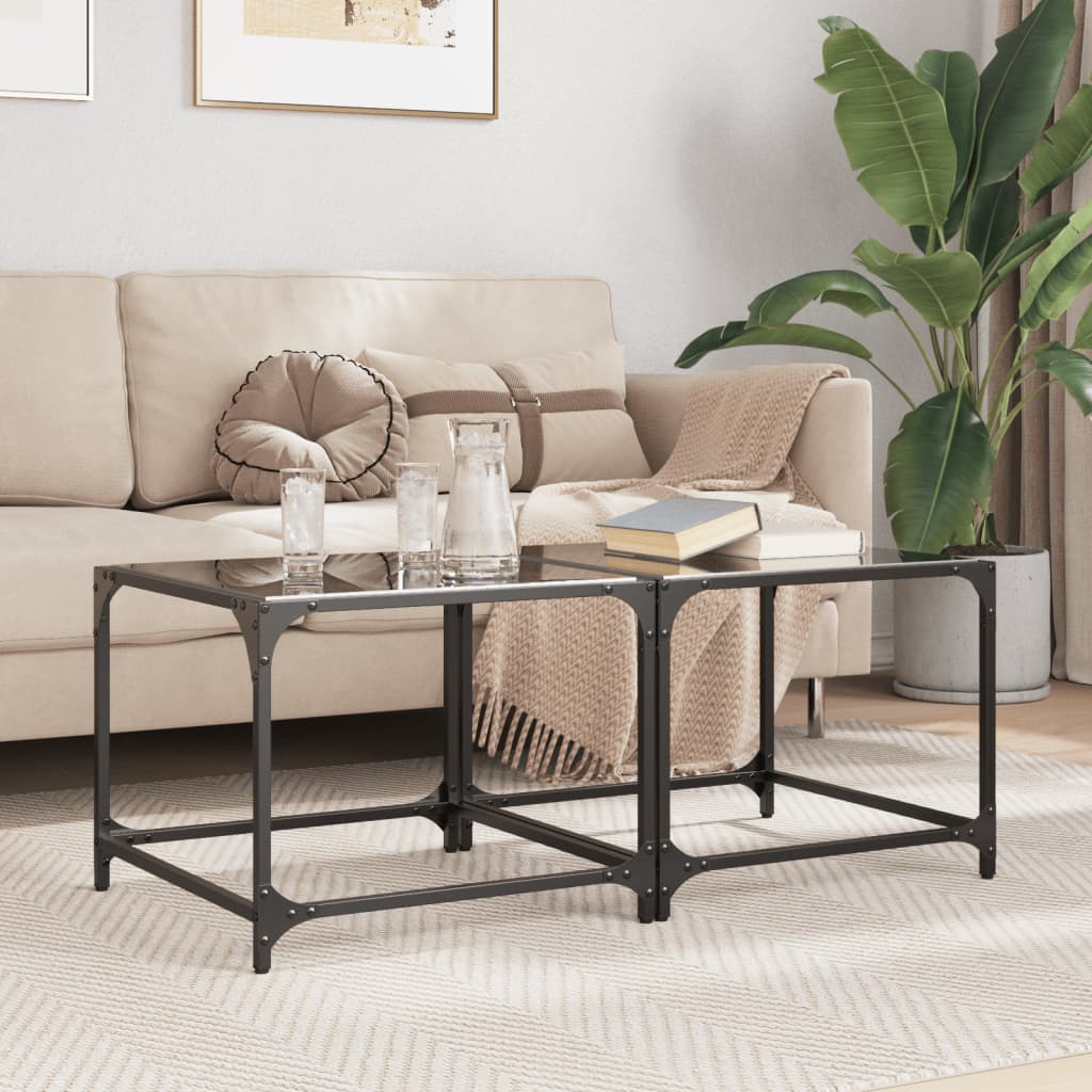 Coffee Tables with Black Glass Top 2 pcs 50x50x40 cm Steel - vid-845969 - Design Hut