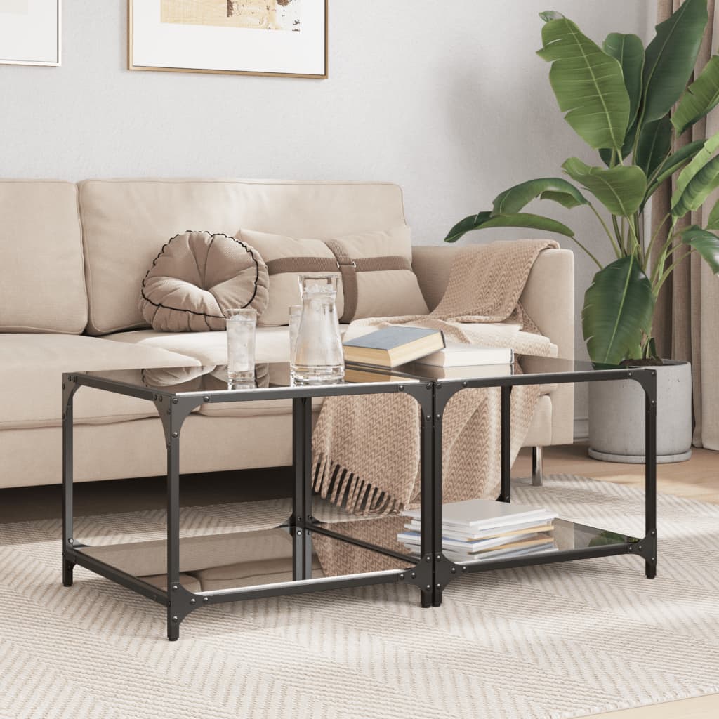 Coffee Tables with Black Glass Top 2 pcs 50x50x40 cm Steel - vid-845973 - Design Hut