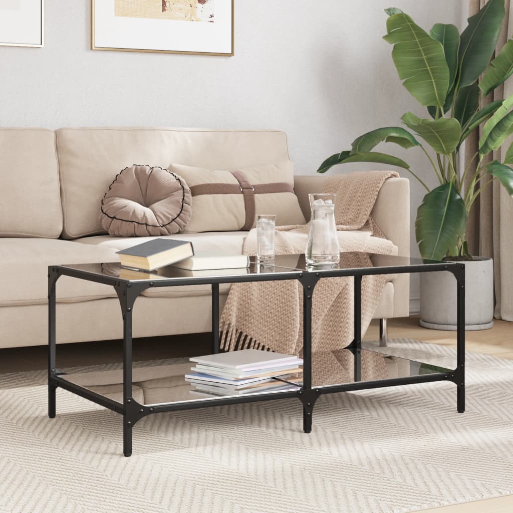 Coffee Table with Black Glass Top 98.5x50x40 cm Steel - vid-845981 - Design Hut
