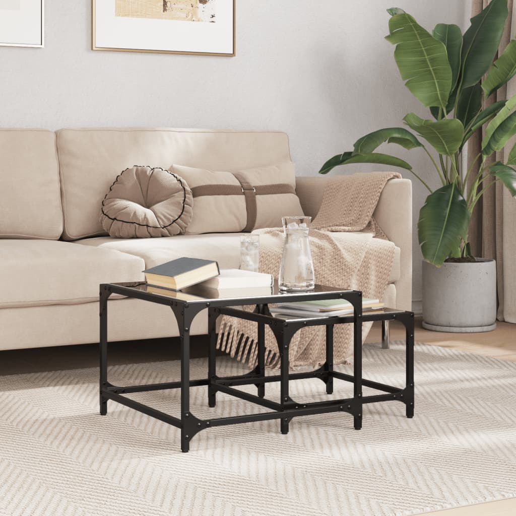Nesting Coffee Tables 2 pcs with Black Glass Top Steel - vid-845983 - Design Hut