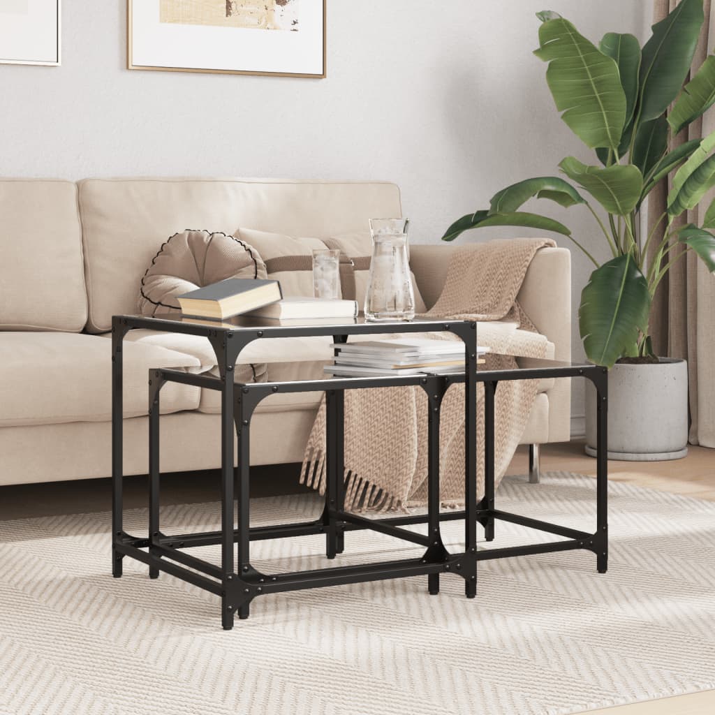 Nesting Coffee Tables 2 pcs with Black Glass Top Steel - vid-845985 - Discount Dealers