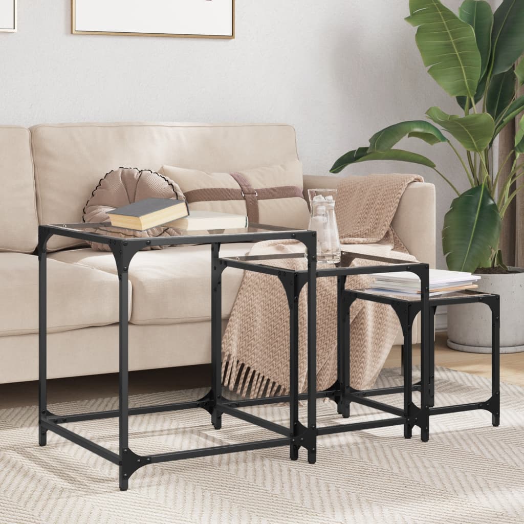 Nesting Coffee Tables 3 pcs with Transparent Glass Top Steel - Design Hut