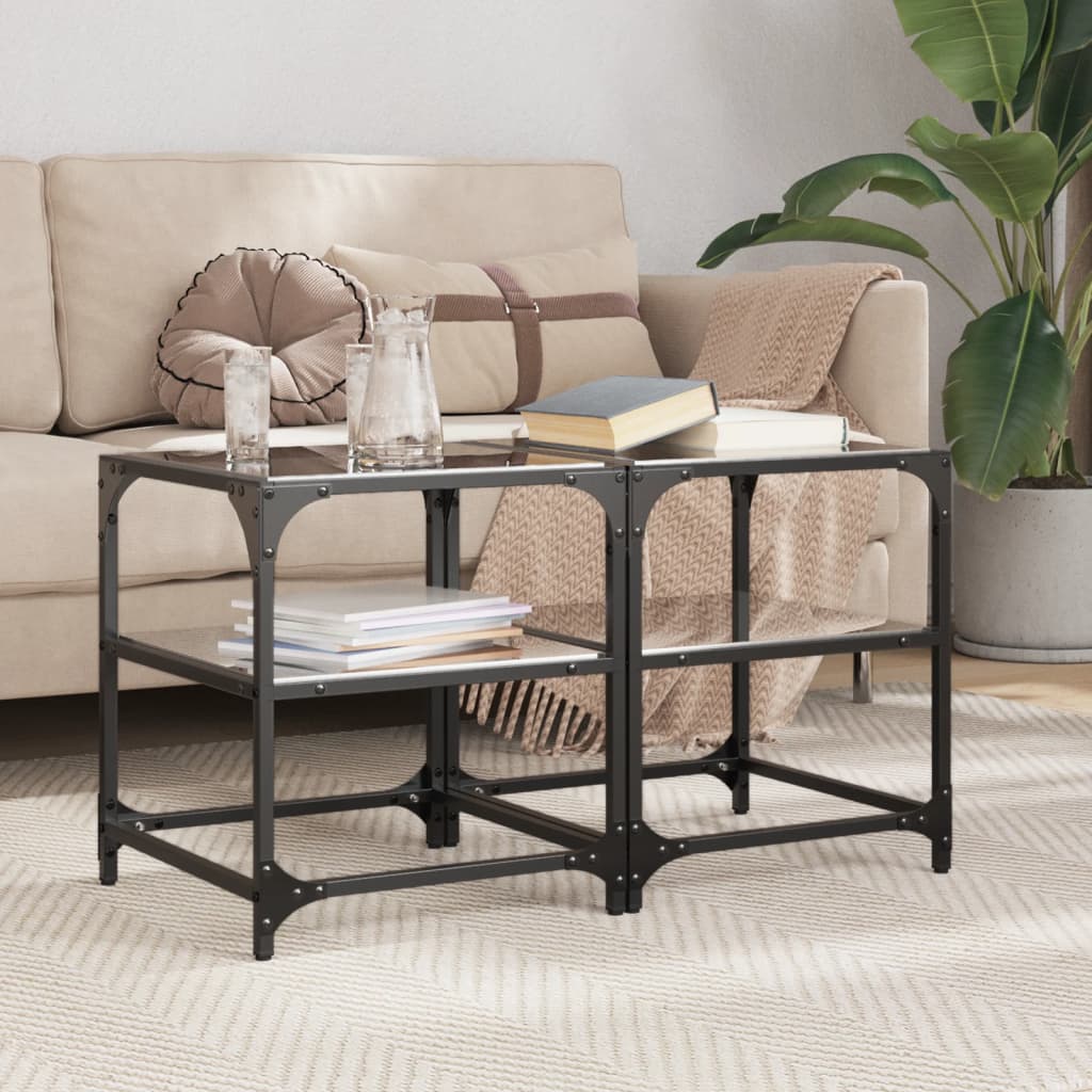 Coffee Tables with Black Glass Top 2 pcs 40x40x45 cm Steel - Design Hut