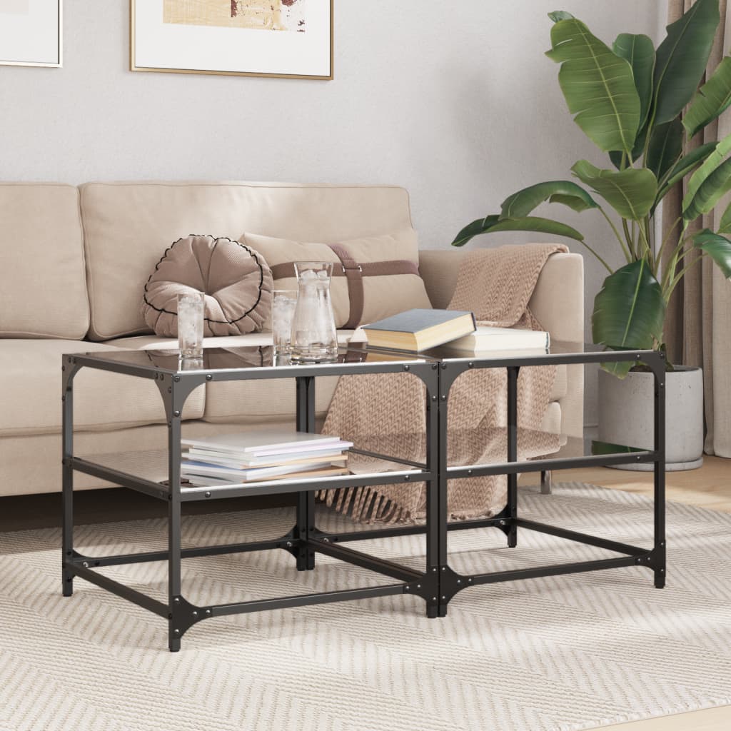 Coffee Tables with Black Glass Top 2 pcs 50x50x45 cm Steel - Discount Dealers