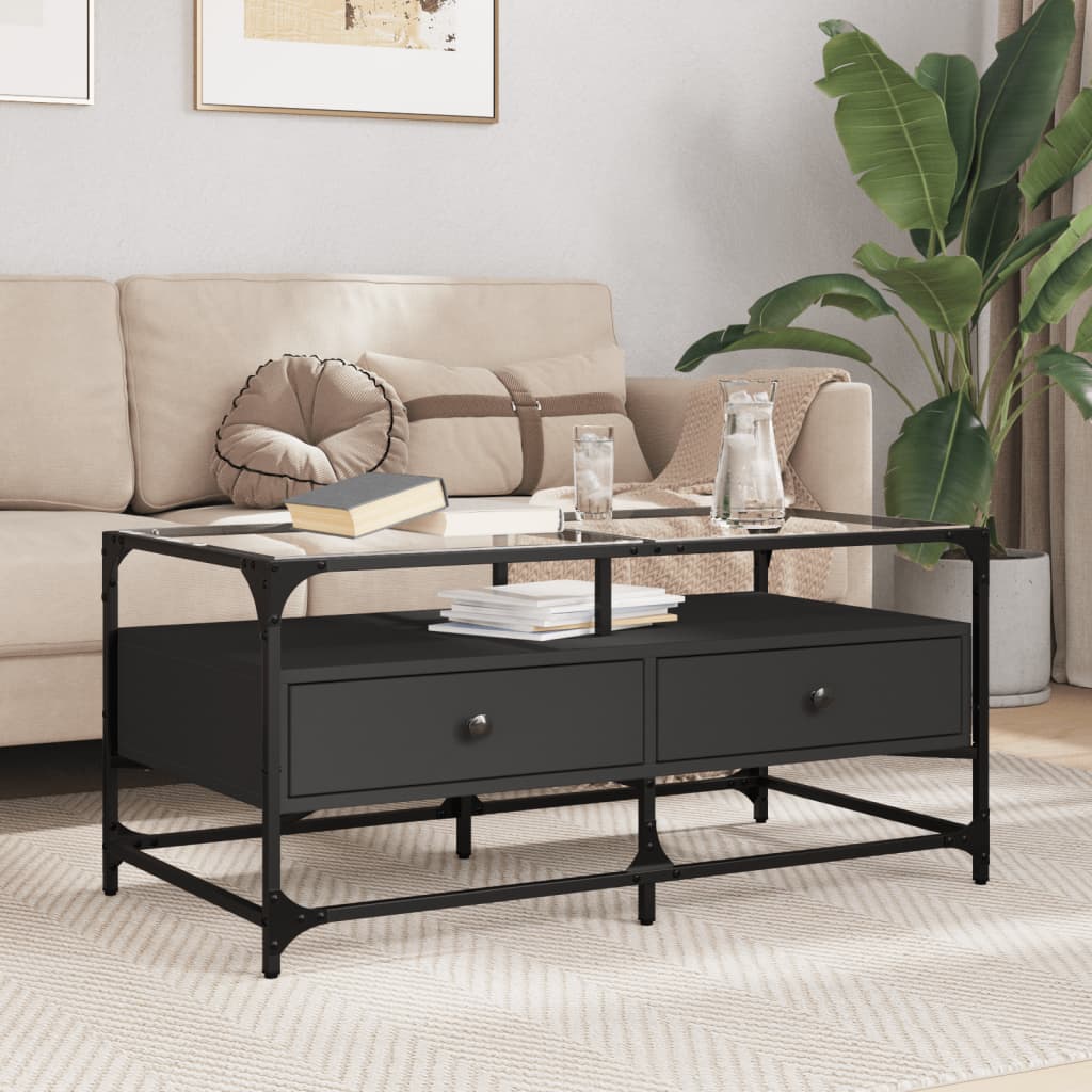 Coffee Table with Glass Top Black 98.5x50x45 cm Steel - Discount Dealers