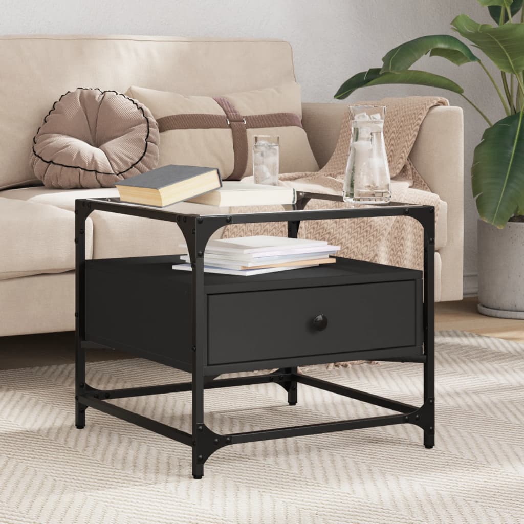 Coffee Table with Glass Top Black 50x50x45 cm Steel - Discount Dealers