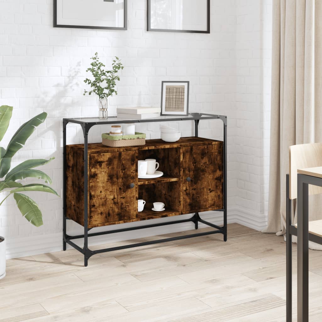 Sideboard with Glass Top Smoked Oak 98x35x81 cm Engineered Wood - Brittle & Co