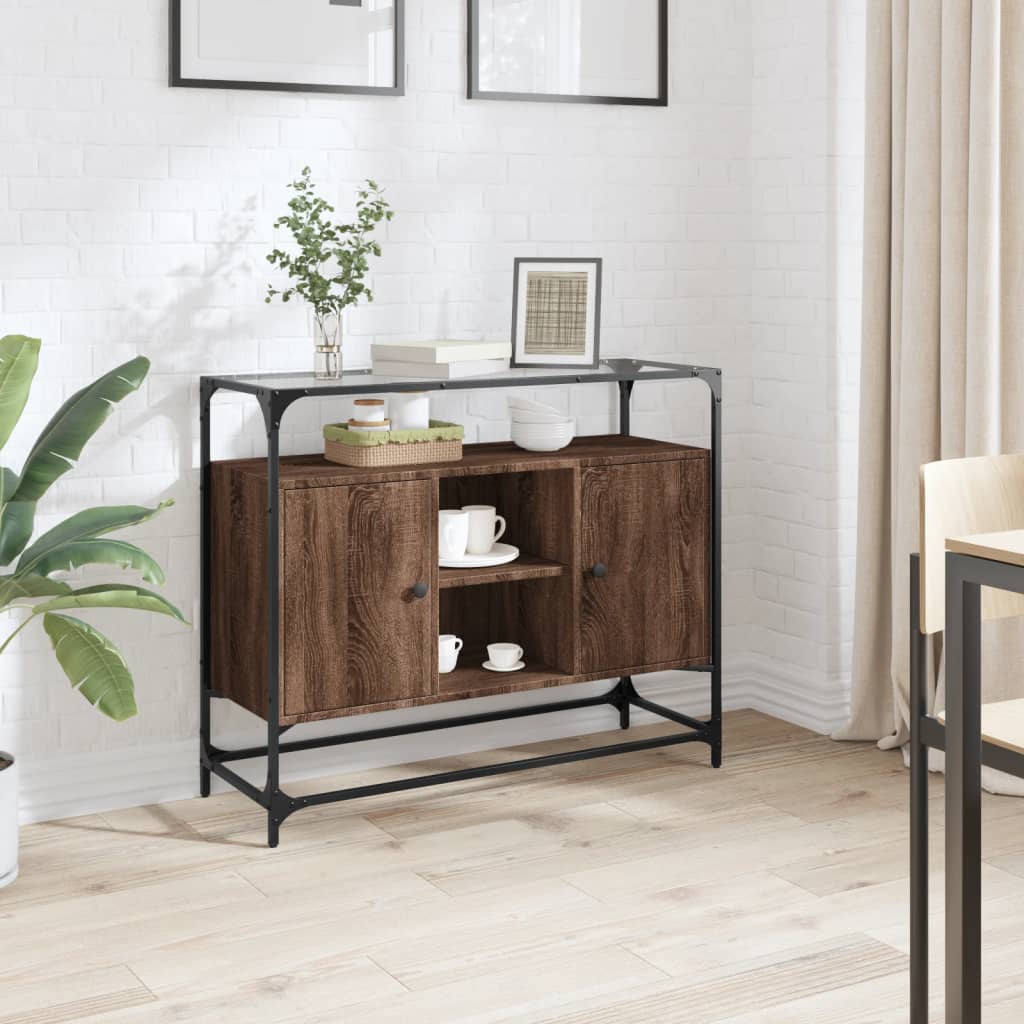 Sideboard with Glass Top Brown Oak 98x35x81 cm Engineered Wood - Brittle & Co