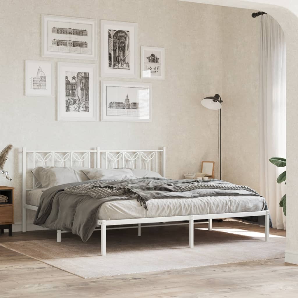 Metal Bedframe with Headboard White 183x213cm - Decor Base