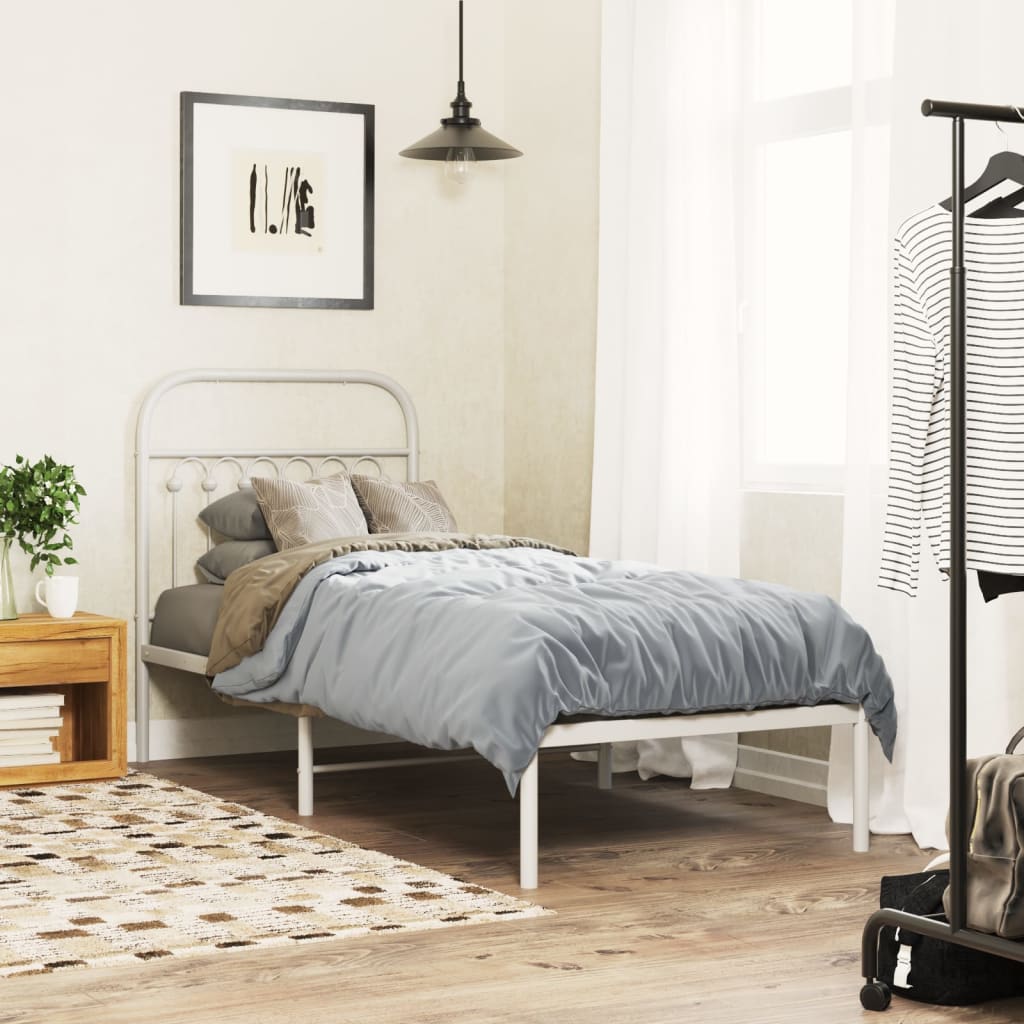 Metal Bedframe with Headboard White 75x190cm - All Things Good