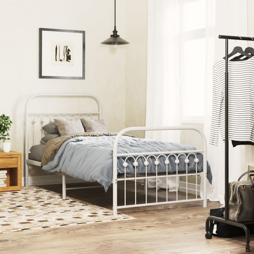 Metal Bedframe with Footboard White 90x200cm - Decor Base