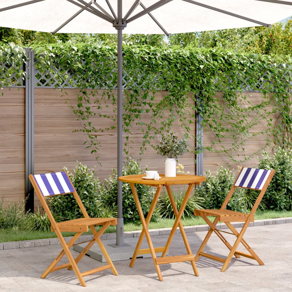 3 Piece Bistro Set Blue and White Fabric and Solid Wood - vid-3281849 - Decor Base