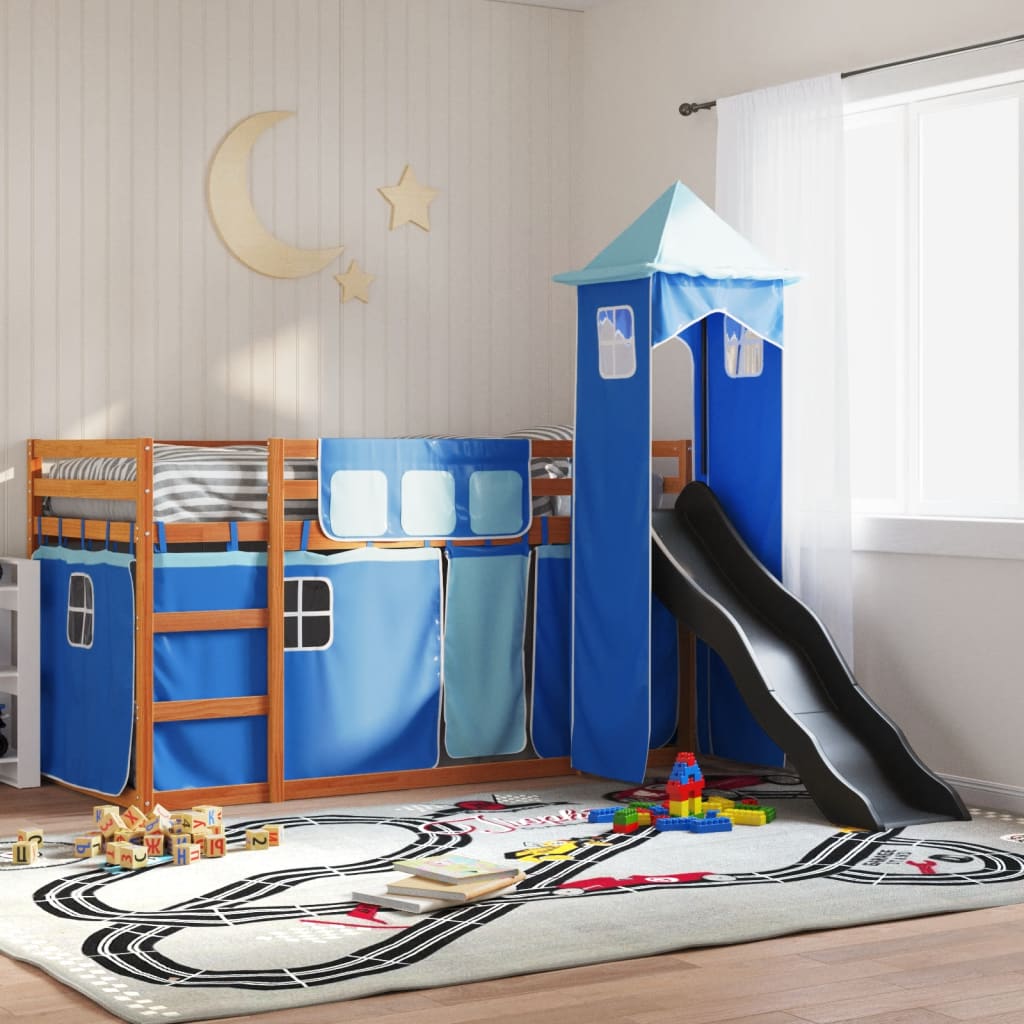 Bunkbed with Slide and Curtains Blue 90x200cm - Merkel Designers