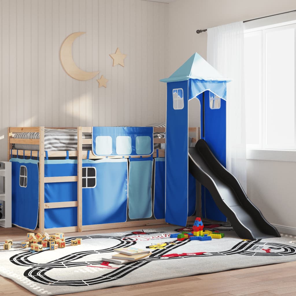 Bunkbed with Slide and Curtains Blue 90x190cm Single - Decor Base