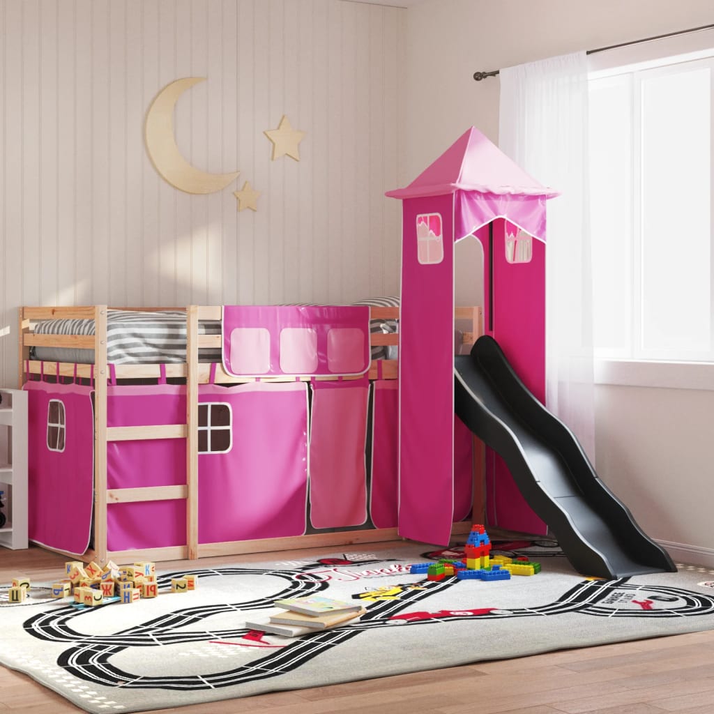 Bunkbed with Slide and Curtains Pink 90x190cm Single - Brittle & Co