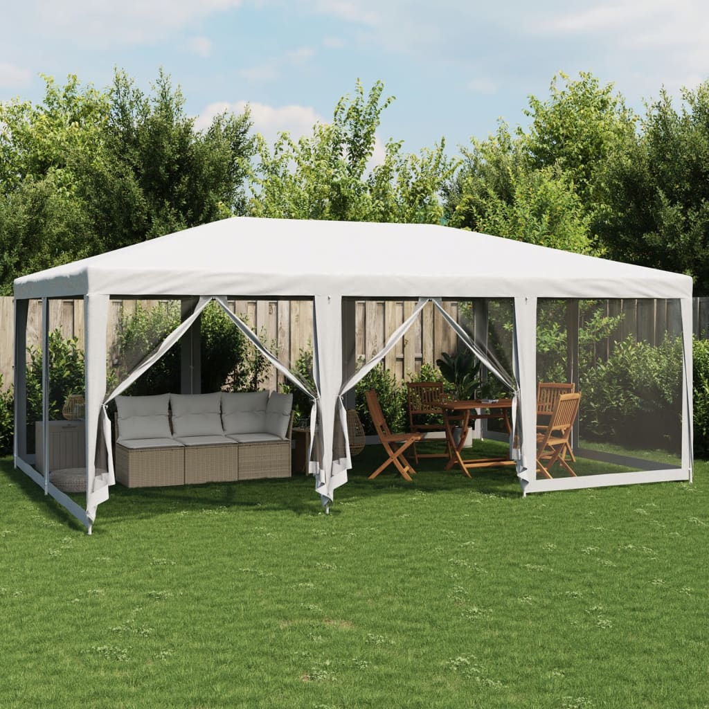 Party Tent with 10 Mesh Sidewalls White 6x4 m HDPE - Tyrell & Tyrell