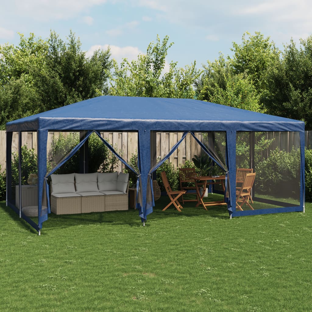 Party Tent with 10 Mesh Sidewalls Blue 6x4 m HDPE - Charlotte Dunes