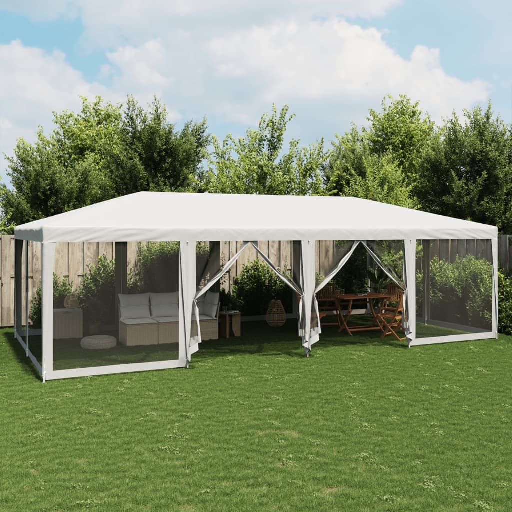 Party Tent with 12 Mesh Sidewalls White 8x4 m HDPE - Millennium Furniture