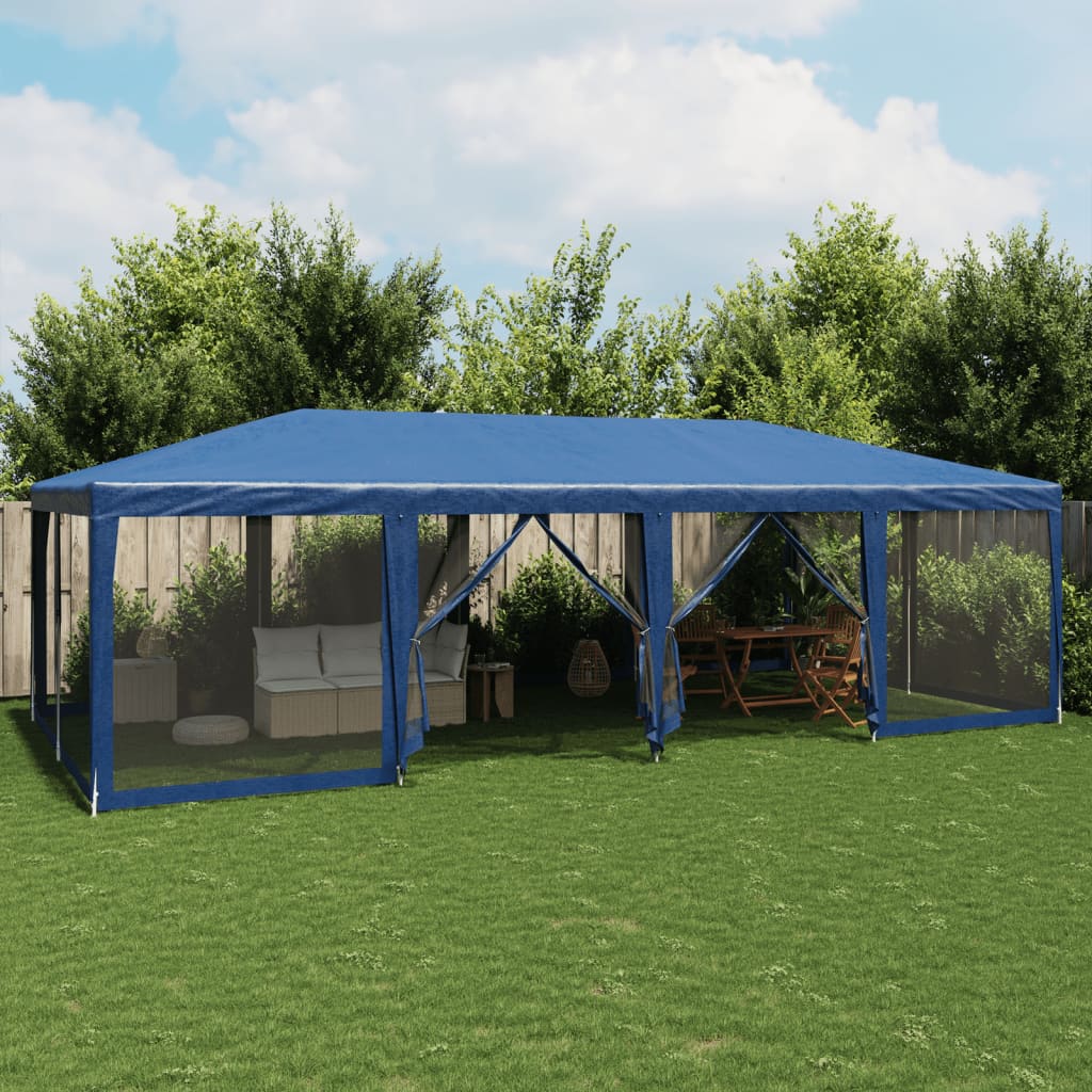 Party Tent with 12 Mesh Sidewalls Blue 8x4 m HDPE - R and M Furniture