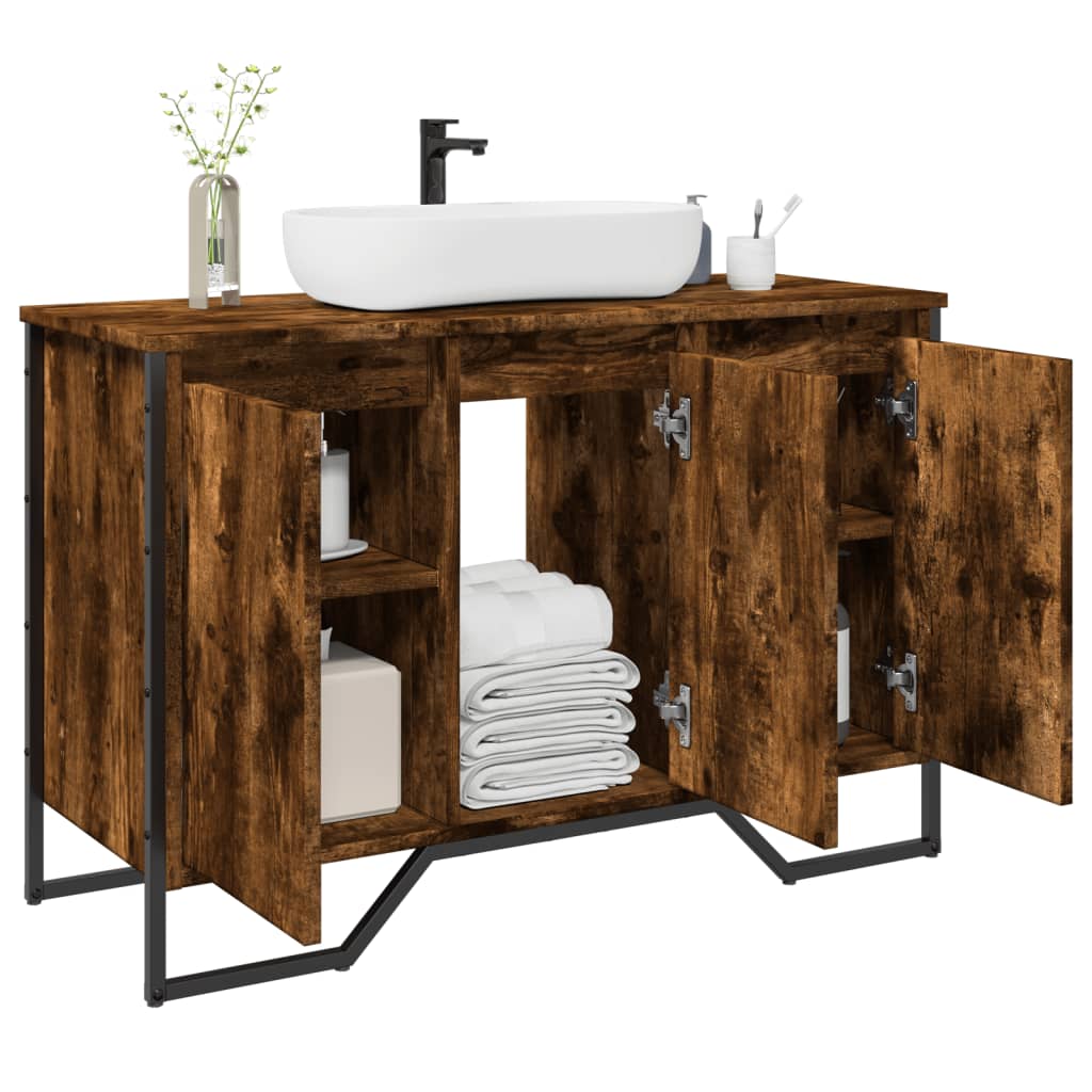 Bathroom Sink Cabinet Smoked Oak 91x35x60 cm Engineered Wood - vid-848661 - Discount Dealers