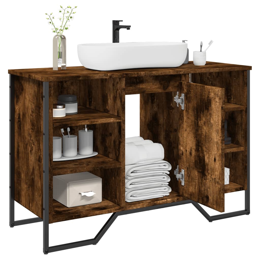 Bathroom Sink Cabinet Smoked Oak 91x35x60 cm Engineered Wood - vid-848666 - Discount Dealers