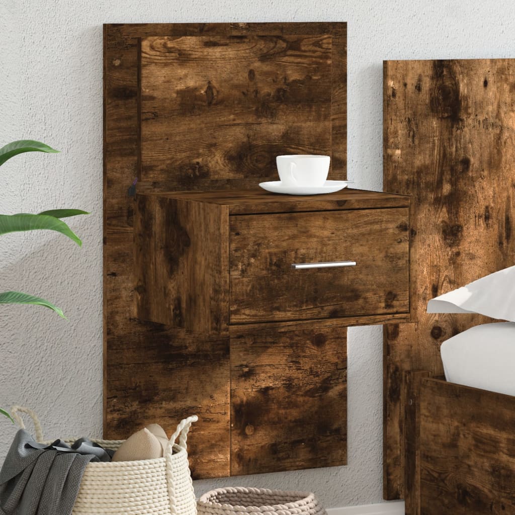 Wall-mounted Bedside Cabinet with LED Lights Smoked Oak - vid-848165 - Brittle & Co