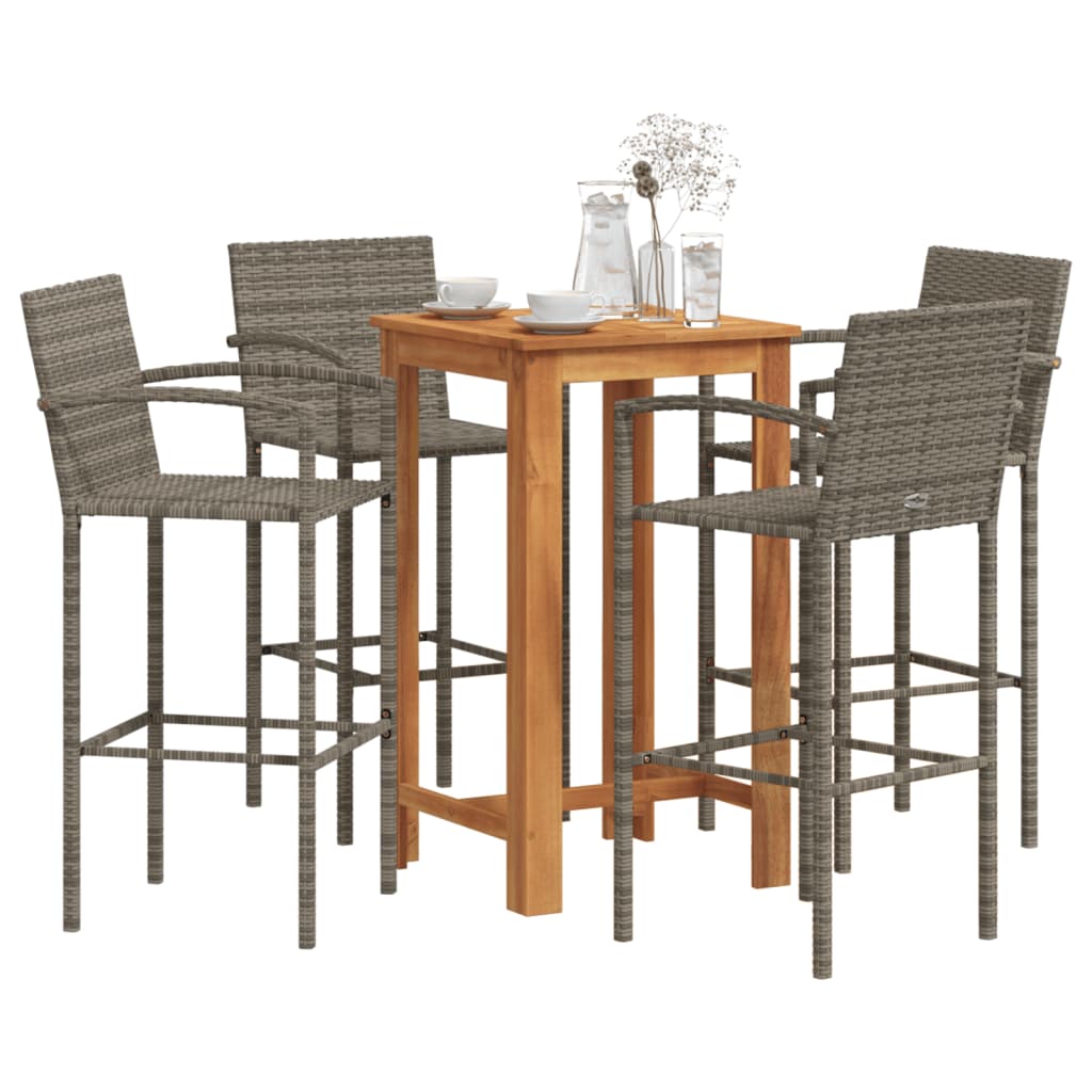 5 Piece Garden Bar Set Grey Solid Wood Acacia and Poly Rattan - Design Hut