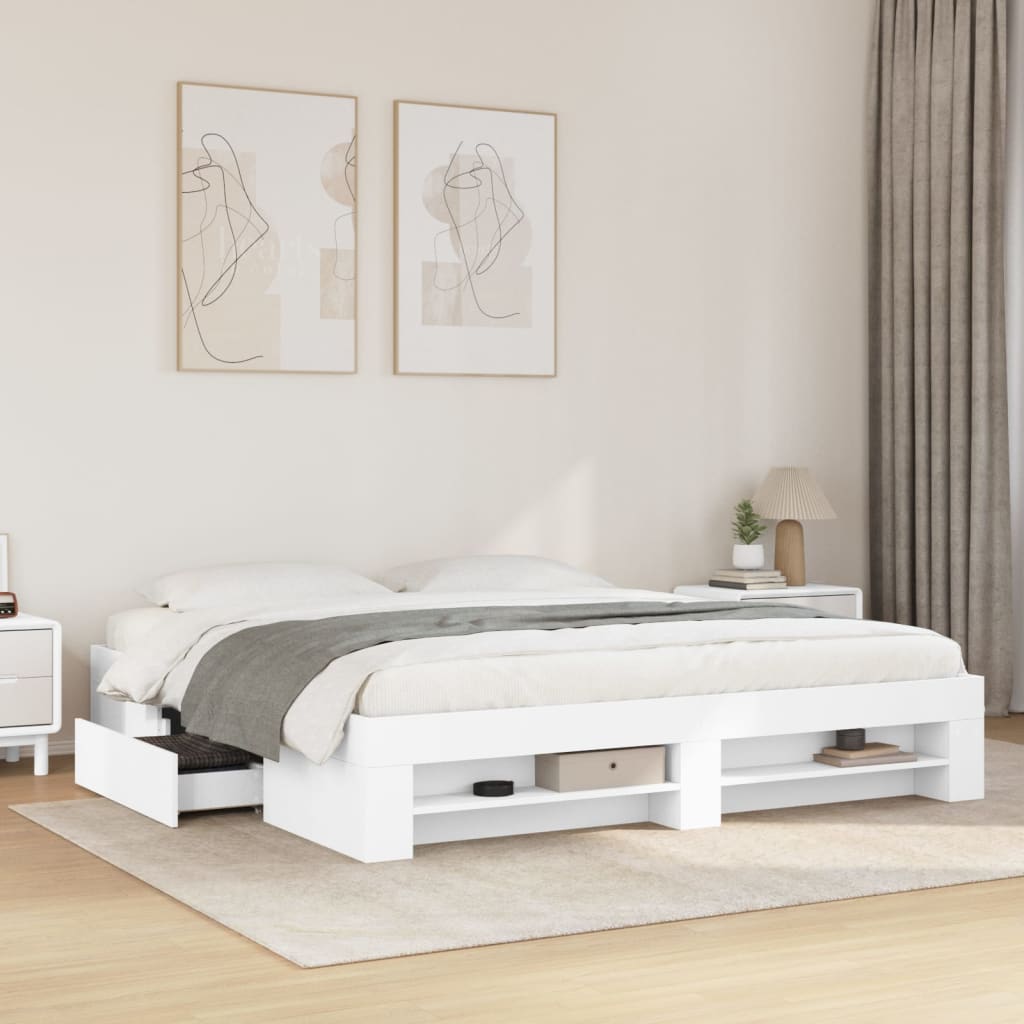 Bedframe White 200x200cm Engineered Wood - All Things Good