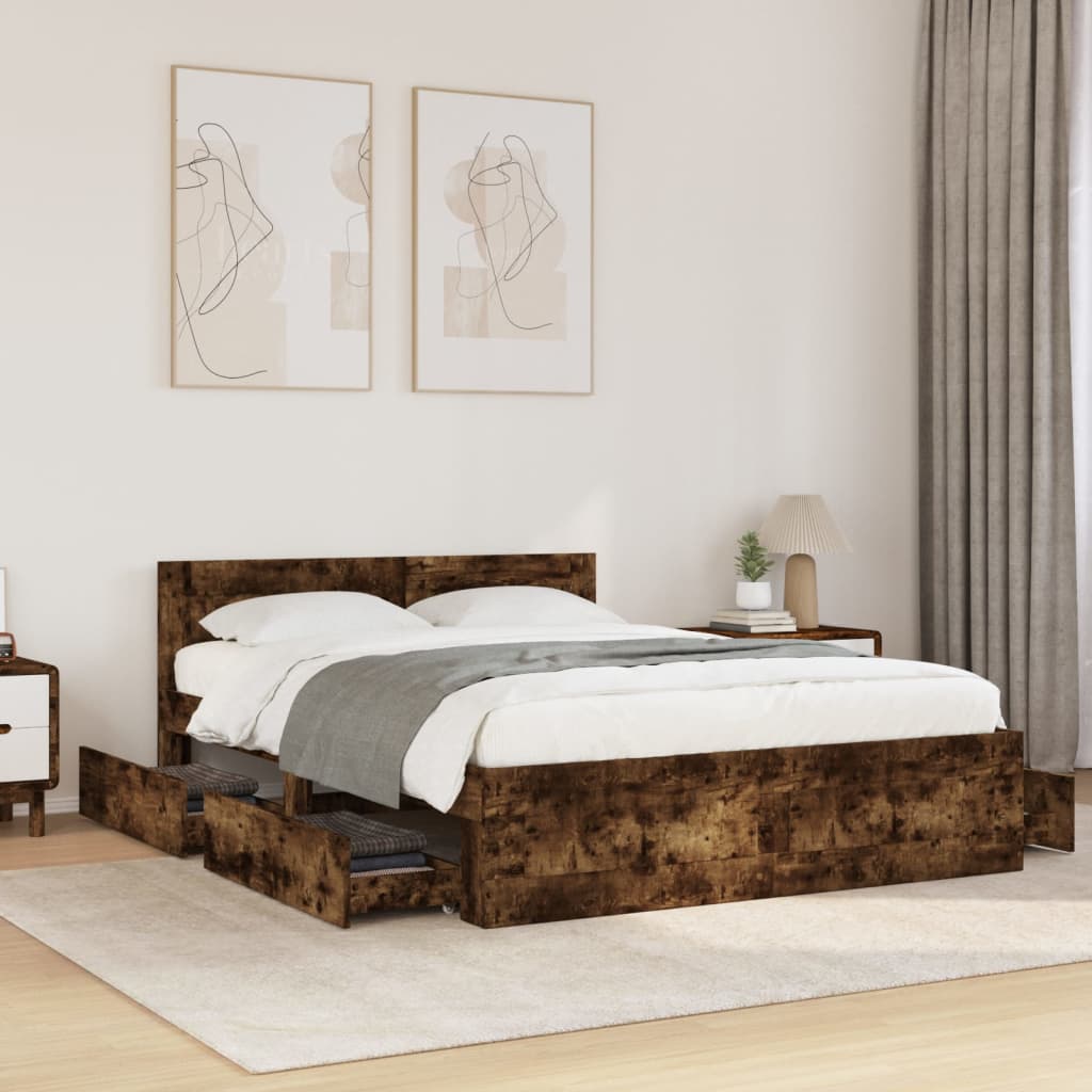 Bedframe with Headboard Smoked Oak 140x190cm - The Home Maker