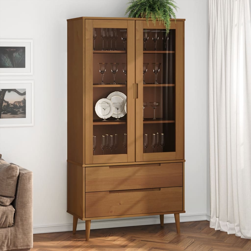 Vitrine Cabinet MOLDE Brown 90x35x175 cm Solid Wood Pine - Charlotte Dunes
