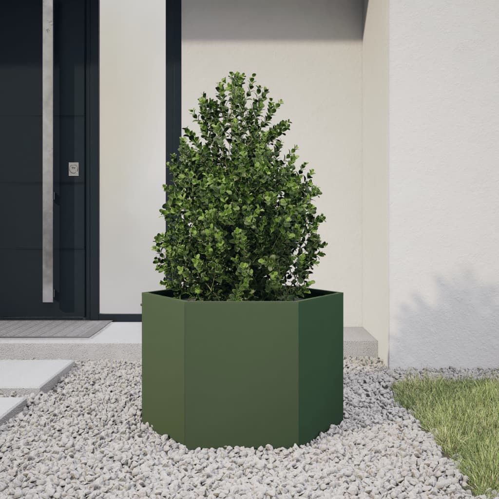 Garden Planter Olive Green Hexagon 69x60x45 cm Steel - Charlotte Dunes