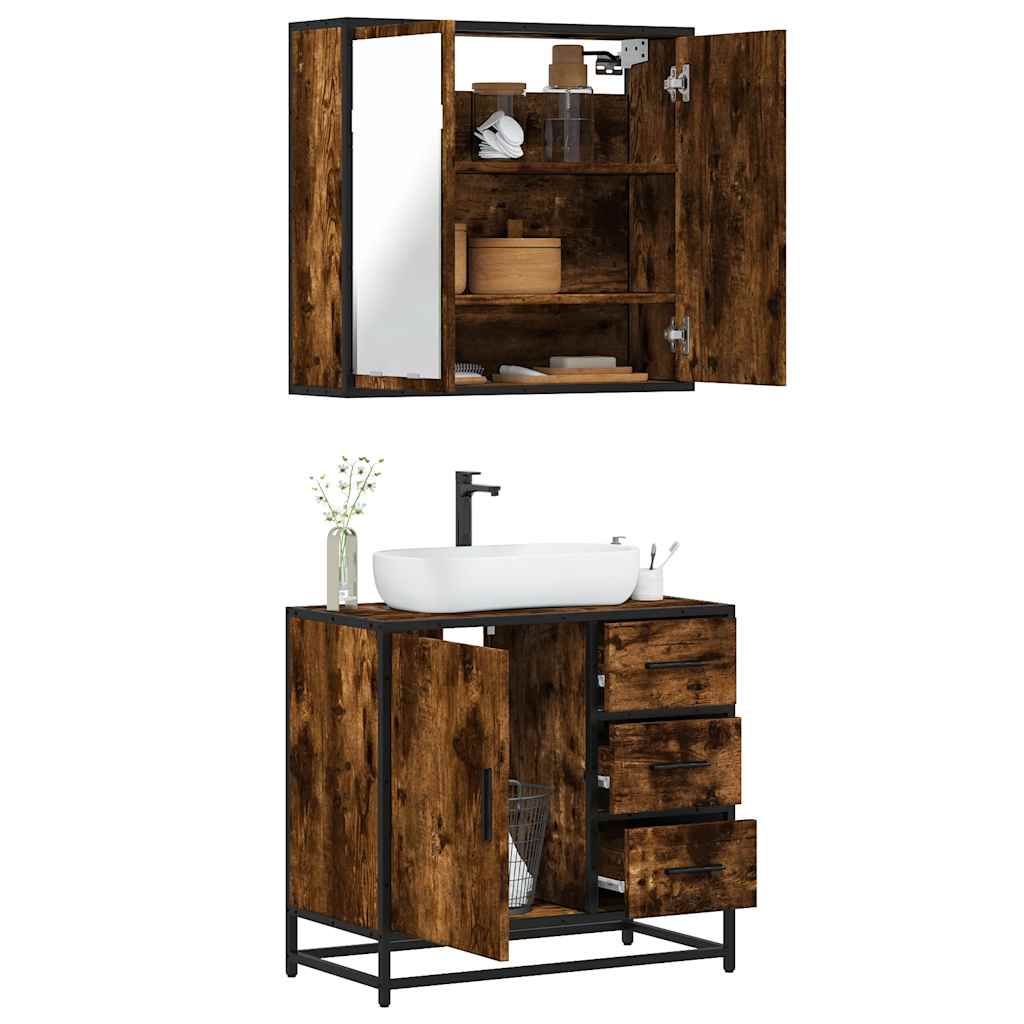 2 Piece Bathroom Furniture Set Smoked Oak Engineered Wood - Decor Base
