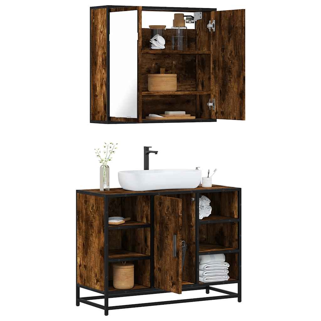 2 Piece Bathroom Furniture Set Smoked Oak Engineered Wood - R and M Furniture