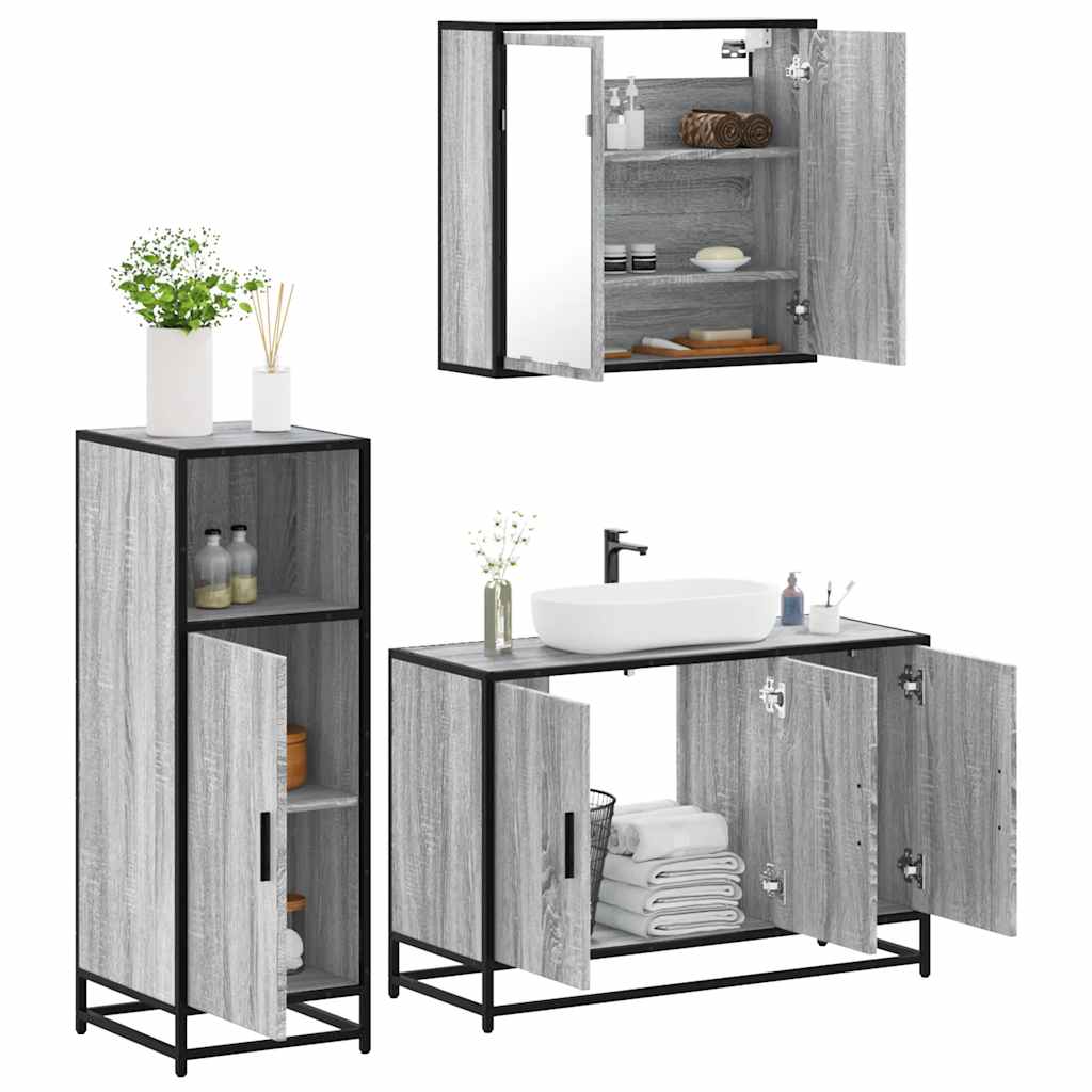 3 Piece Bathroom Furniture Set Grey Sonoma Engineered Wood - The Home Maker