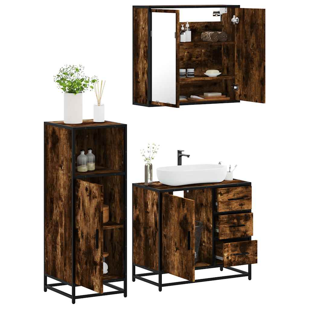 3 Piece Bathroom Furniture Set Smoked Oak Engineered Wood - Design Hut