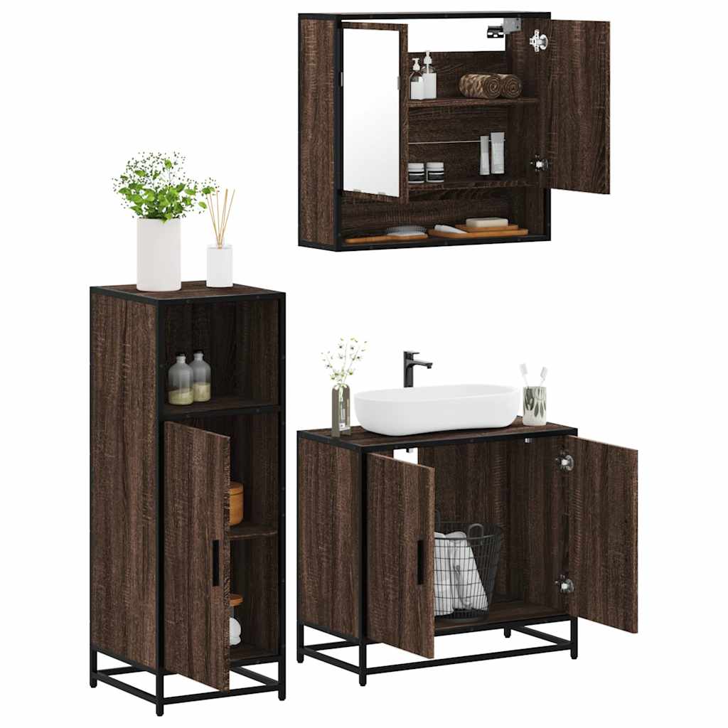 3 Piece Bathroom Furniture Set Brown Oak Engineered Wood - The Home Maker