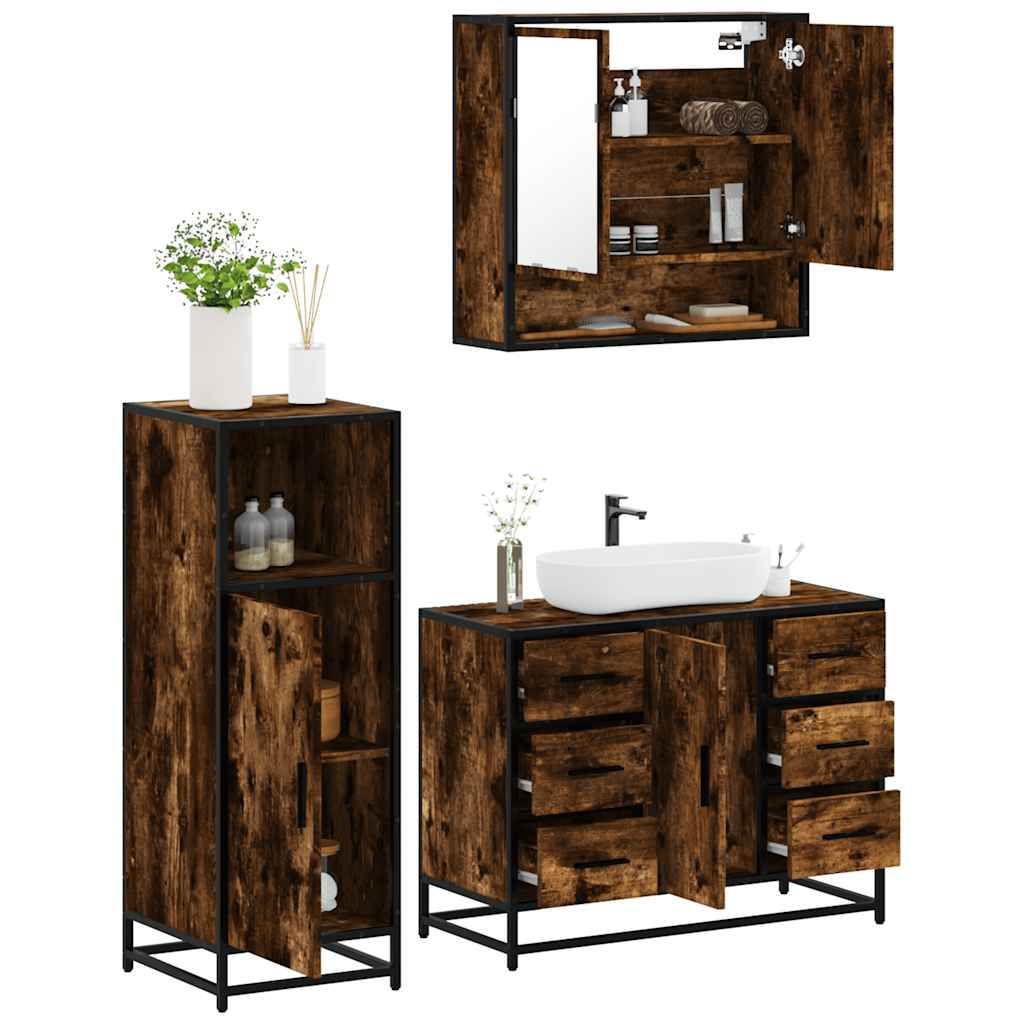 3 Piece Bathroom Furniture Set Smoked Oak Engineered Wood - Style and Chic