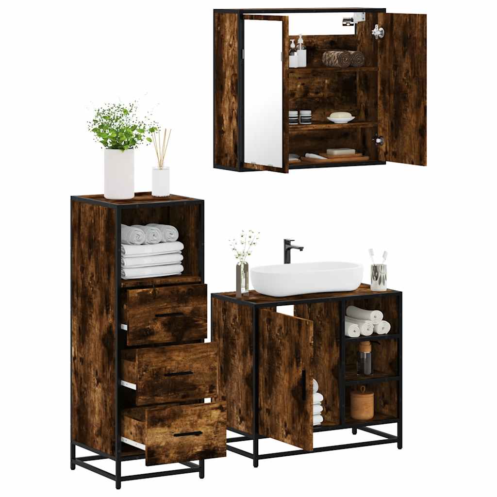 3 Piece Bathroom Furniture Set Smoked Oak Engineered Wood - Merkel Designers