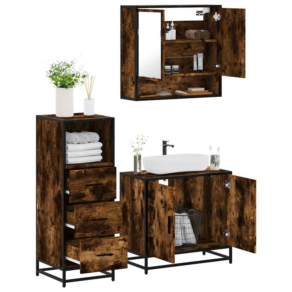 3 Piece Bathroom Furniture Set Smoked Oak Engineered Wood - Millennium Furniture
