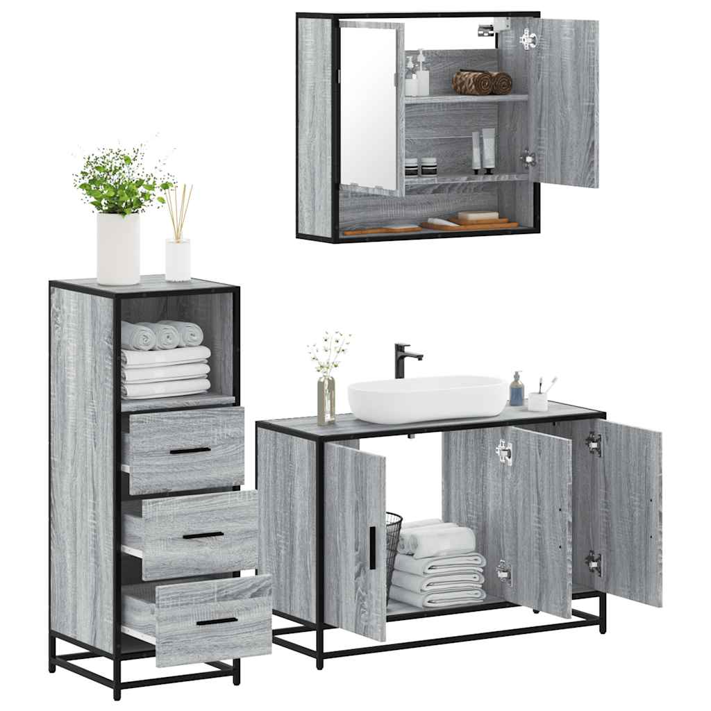3 Piece Bathroom Furniture Set Grey Sonoma Engineered Wood - Decor Base