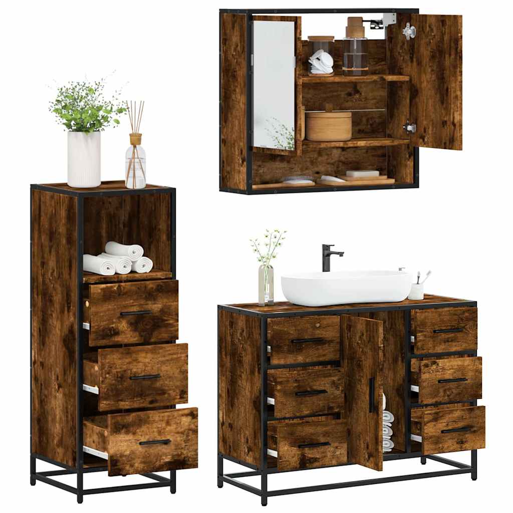 3 Piece Bathroom Furniture Set Smoked Oak Engineered Wood - Millennium Furniture