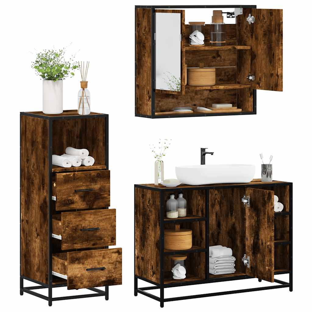 3 Piece Bathroom Furniture Set Smoked Oak Engineered Wood - Design Hut