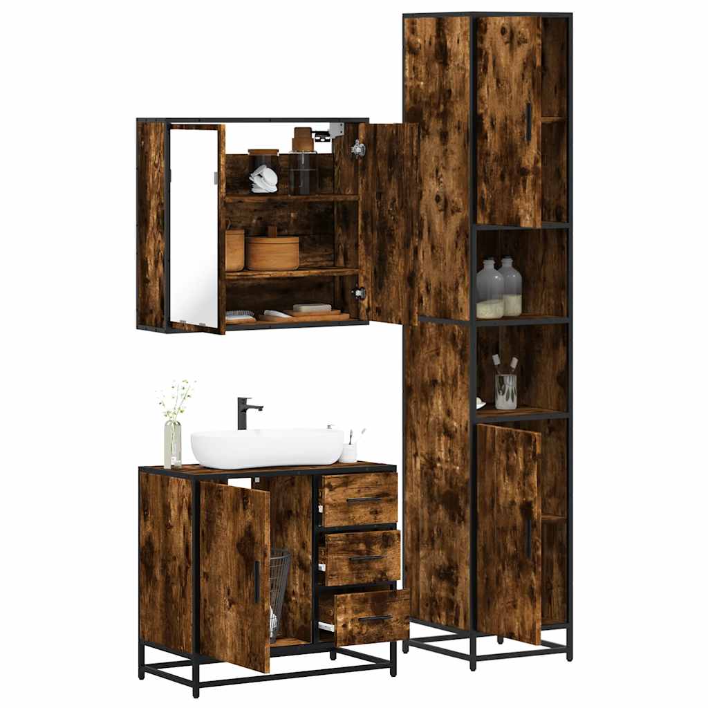 3 Piece Bathroom Furniture Set Smoked Oak Engineered Wood - Decor Base