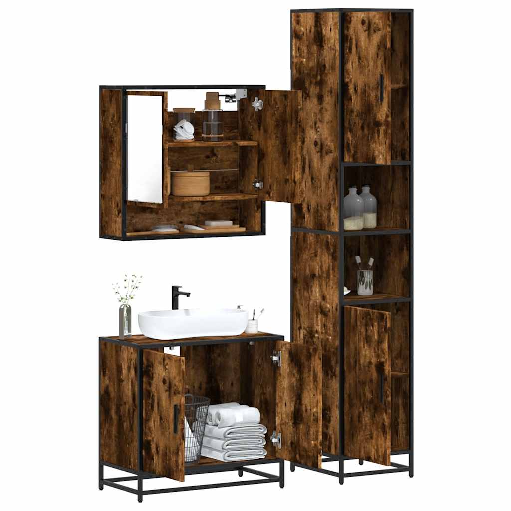 3 Piece Bathroom Furniture Set Smoked Oak Engineered Wood - The Home Maker