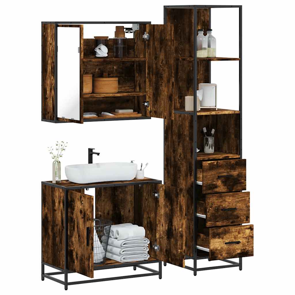 3 Piece Bathroom Furniture Set Smoked Oak Engineered Wood - Merkel Designers