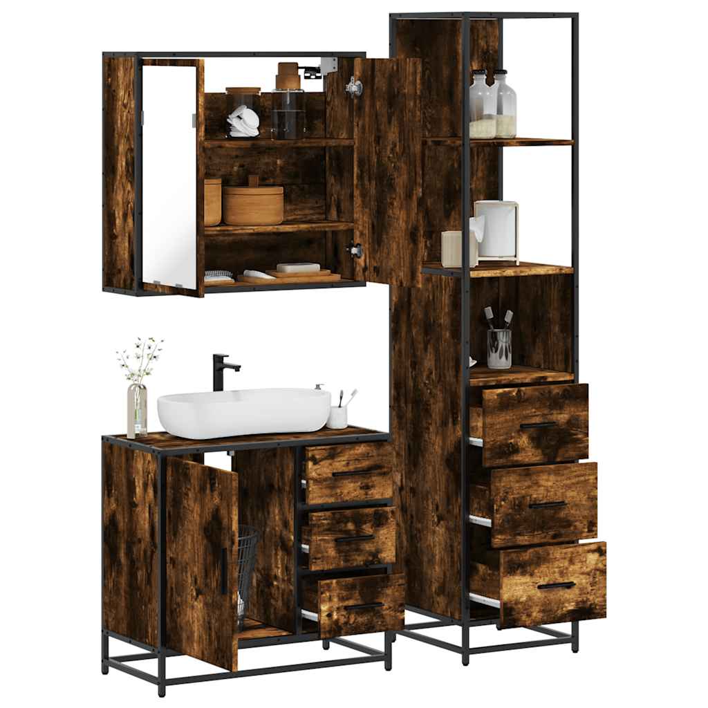 3 Piece Bathroom Furniture Set Smoked Oak Engineered Wood - All Things Good